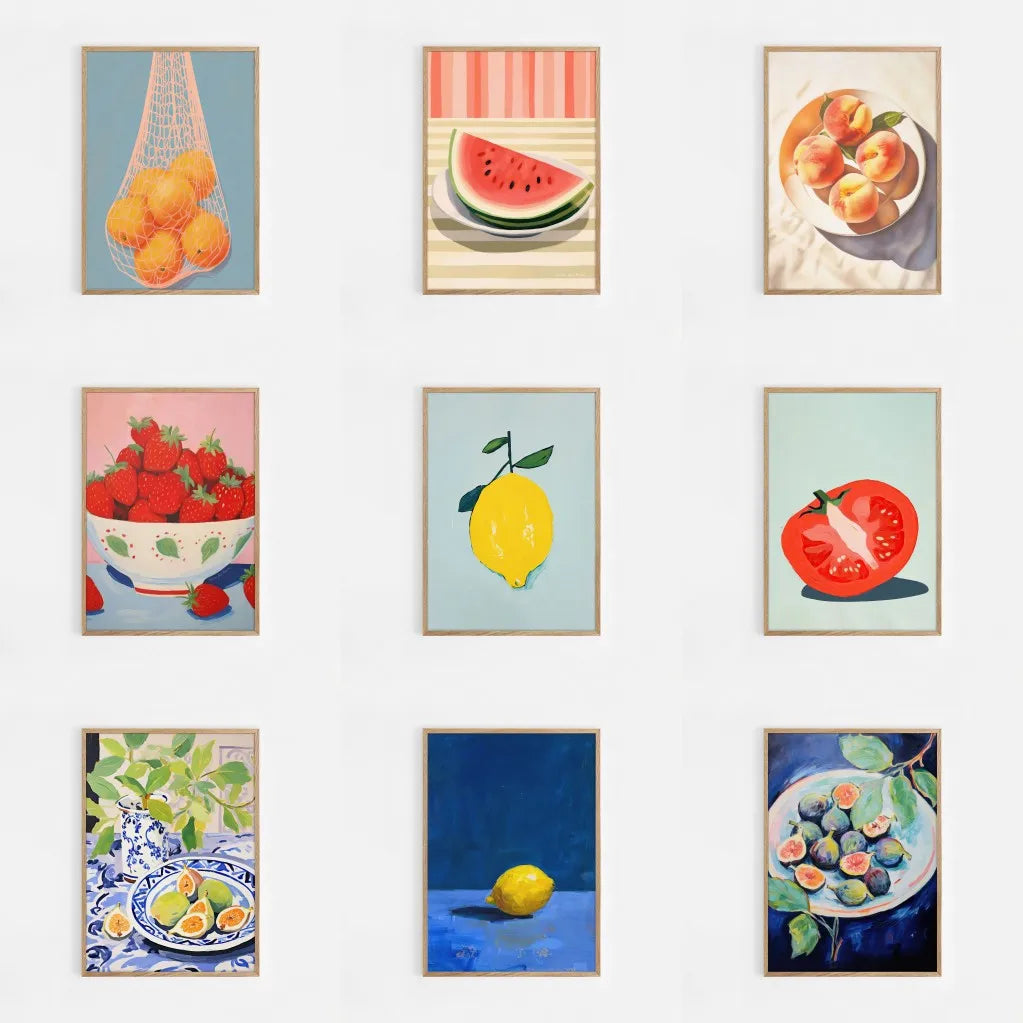 Maximalist abstract fruit wall art print with vibrant oranges