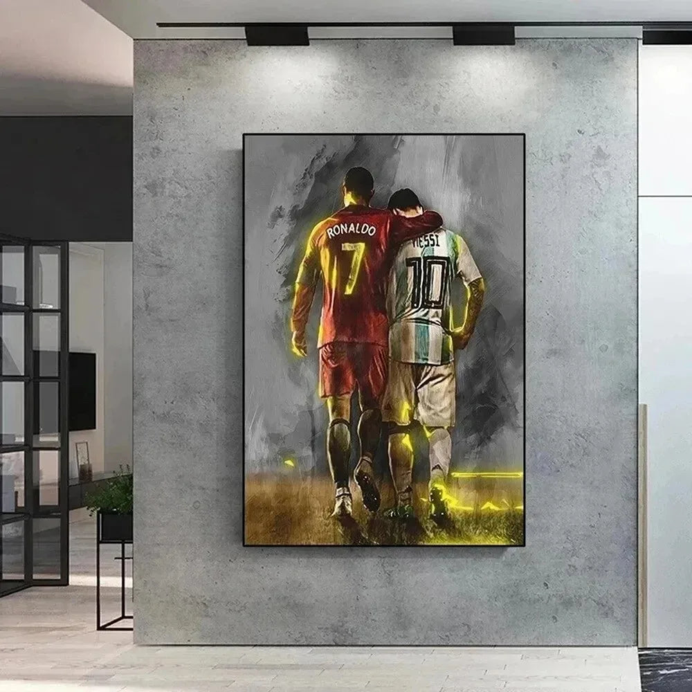 Stylish soccer fan gift poster of Messi and CR7 in watercolor design