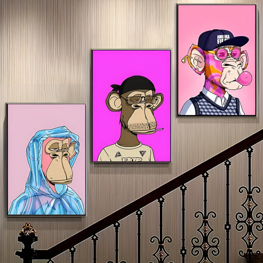 Milk tea shop decor cartoon monkey mural in trendy artistic design