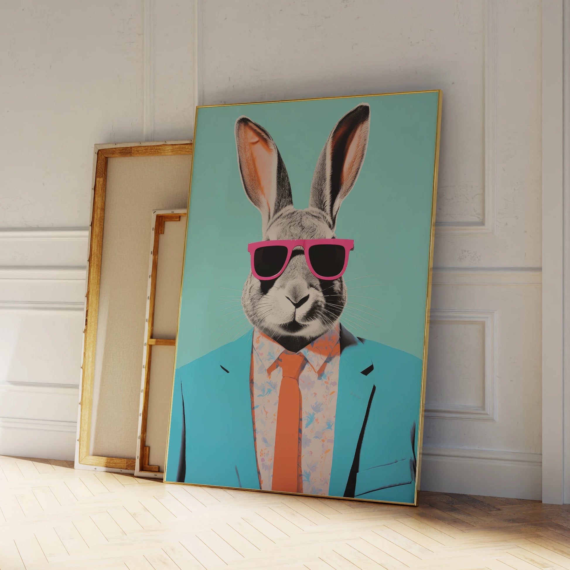 Modern abstract rabbit with sunglasses portrait canvas wall art
