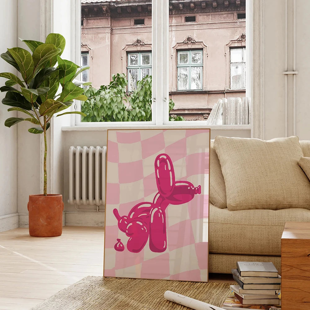 Preppy eclectic wall art print featuring a balloon dog sculpture