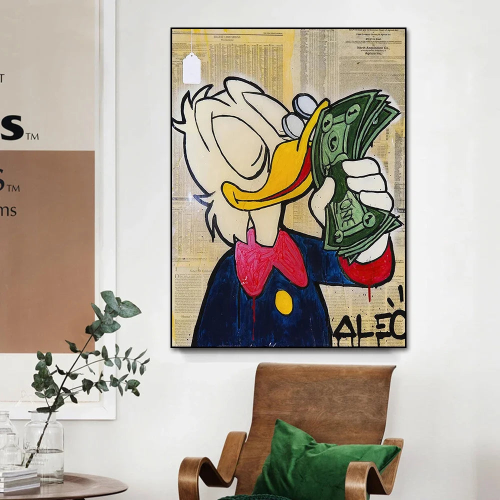 Modern street style Donald Duck love money art print for bedroom walls