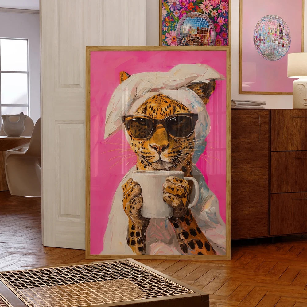 Funky leopard artwork with morning coffee print for bedroom or living room