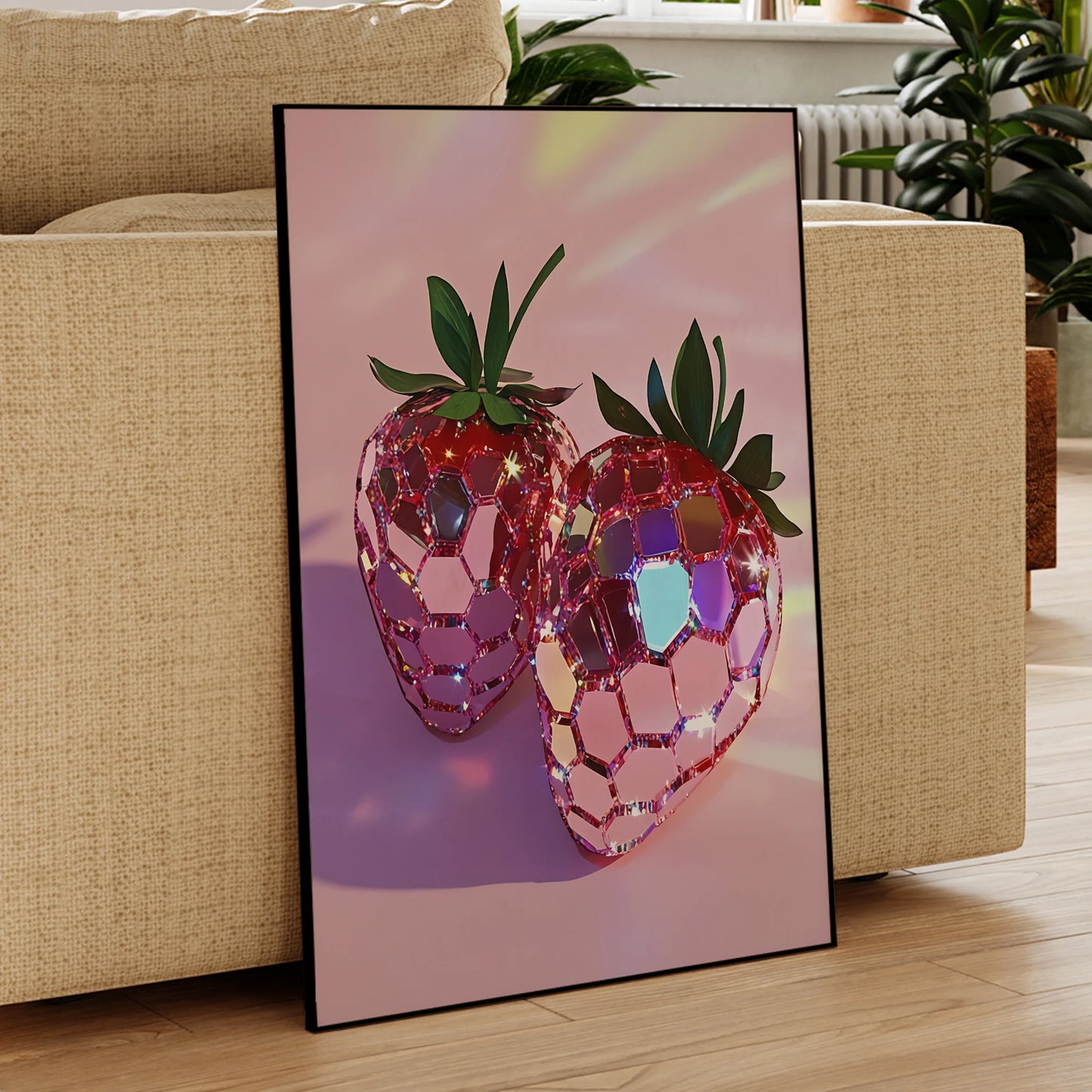 Pink fruit sparkle wall art for living room decor