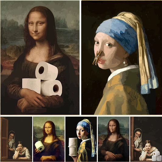 Funny Mona Lisa bathroom wall art with pearl earrings and toilet paper