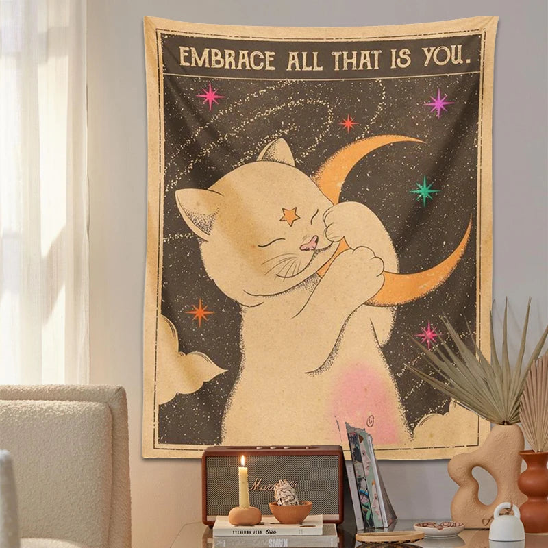 Boho wall hanging featuring mystical cat and celestial elements