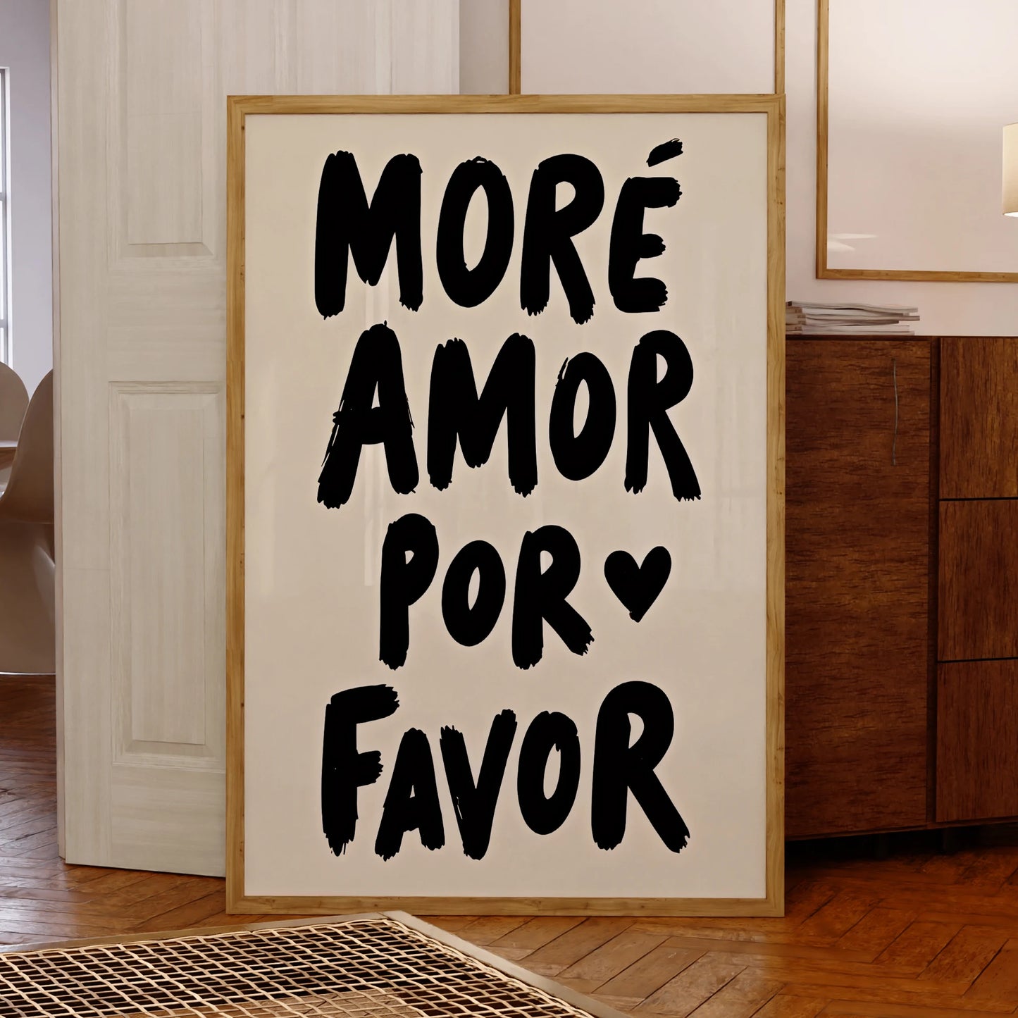 Minimalist romantic quote wall art print with More Amor Por Favor text