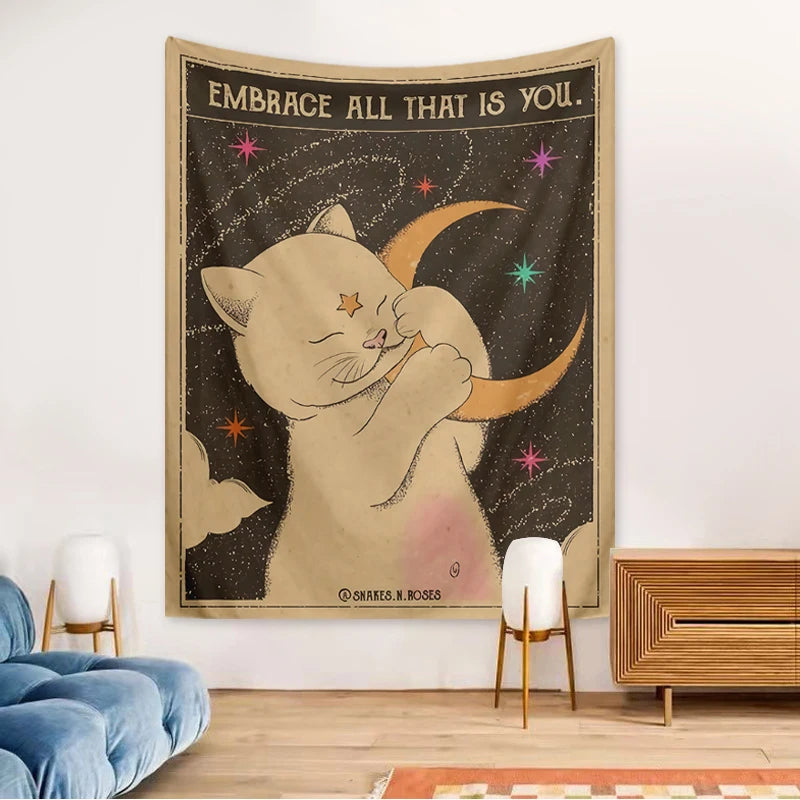 Mystical cat wall hanging with celestial sun and moon artwork