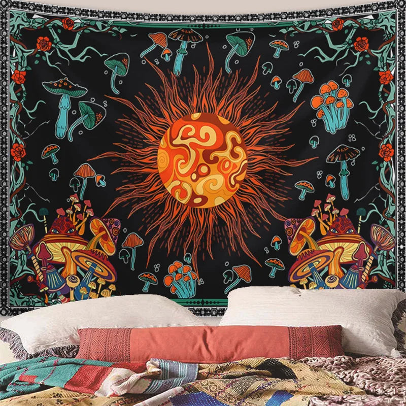 Psychedelic mandala plant tapestry for boho home wall decoration
