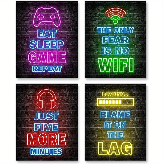Neon gaming posters set for boys' bedroom decor