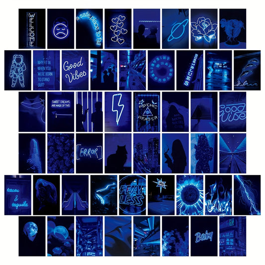 Neon wall collage kit aesthetic blue poster set for indie room decor