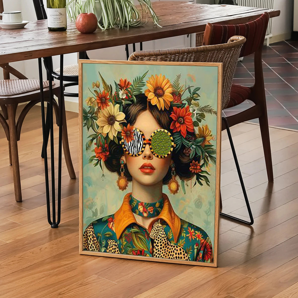 Nordic boho woman portrait wall art with floral glasses and butterfly