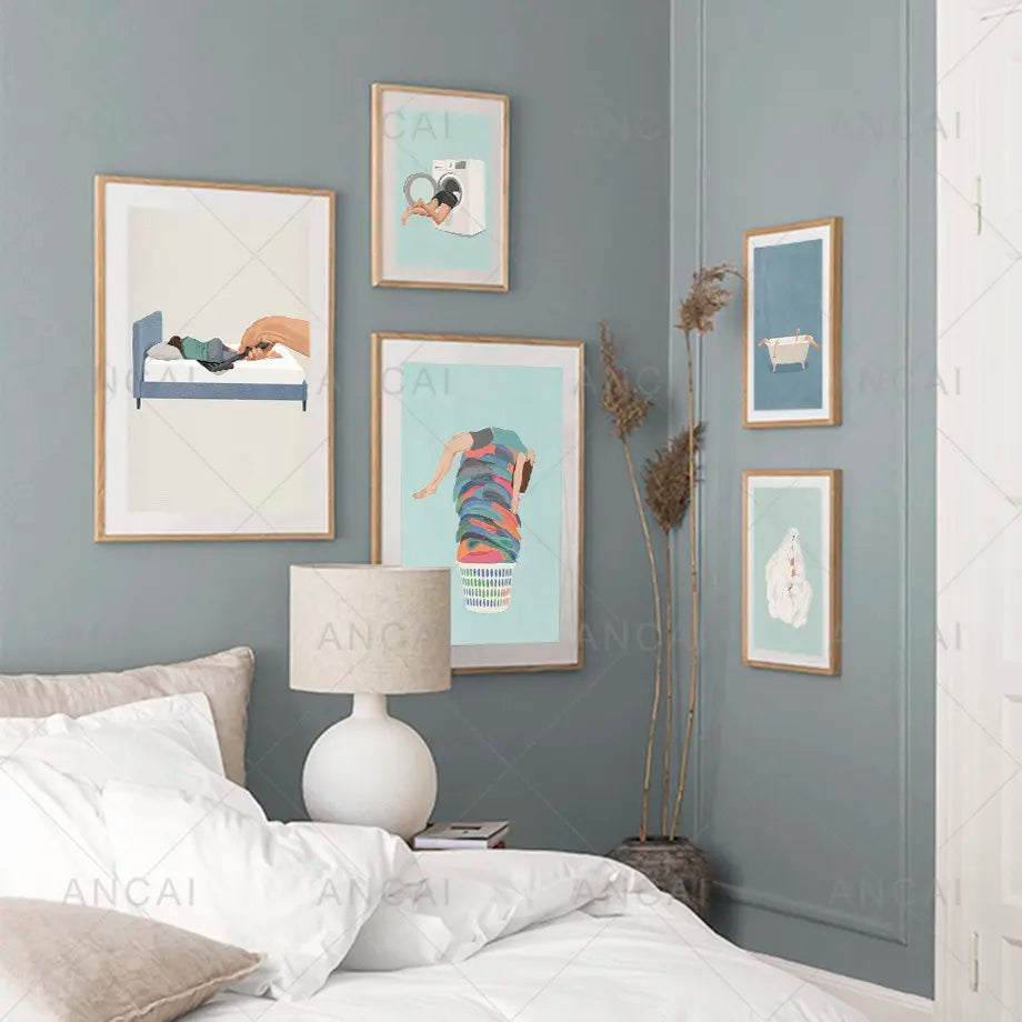 Nordic style wall art of laundry girl with washing machine