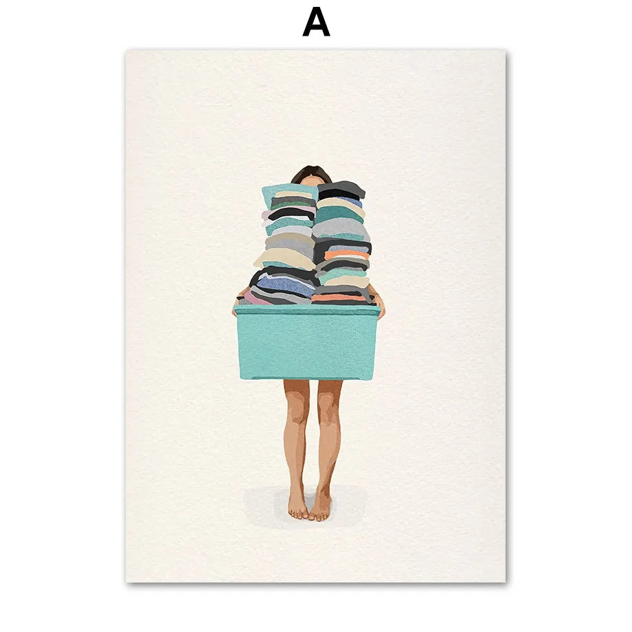 Minimalist bathtub wall art featuring laundry girl and hair dryer