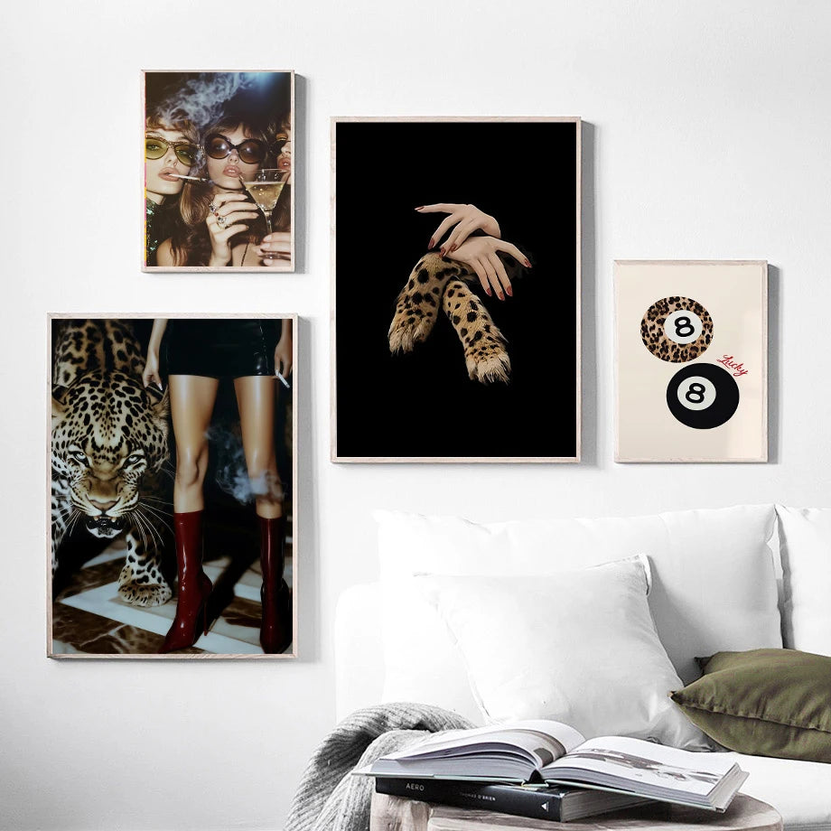Nordic style leopard rose canvas painting