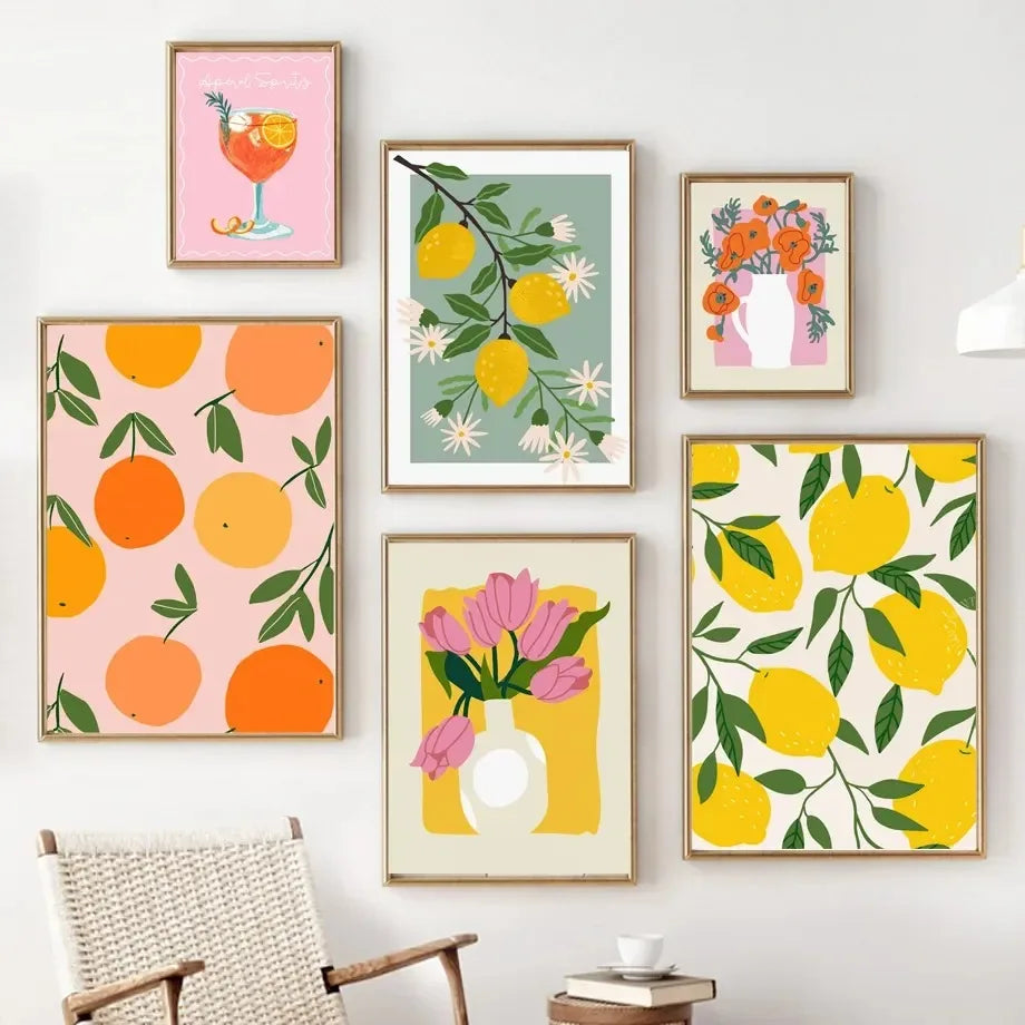 Playful canvas painting with daisy flowers and fruit vase for modern home design.
