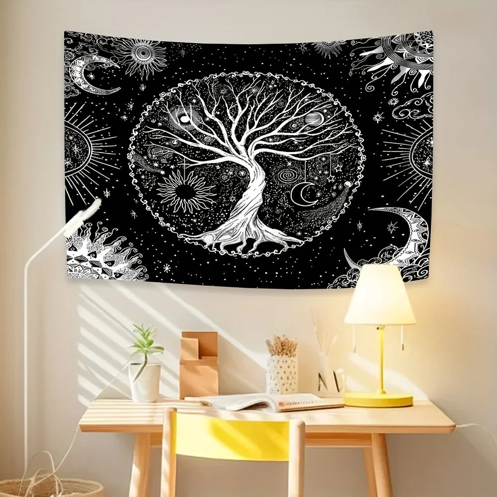 Psychedelic tree of life tapestry featuring sun and moon in bohemian style