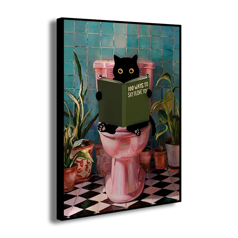Quirky cat toilet art print for bathroom decoration