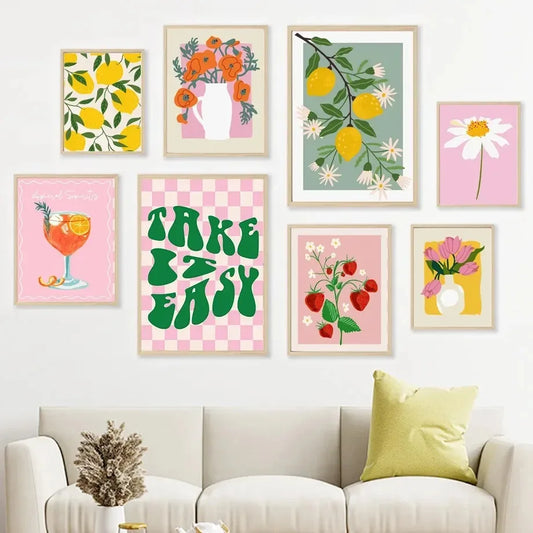 Quirky home decor canvas art with daisies, lemons, and strawberries for bedroom wall.