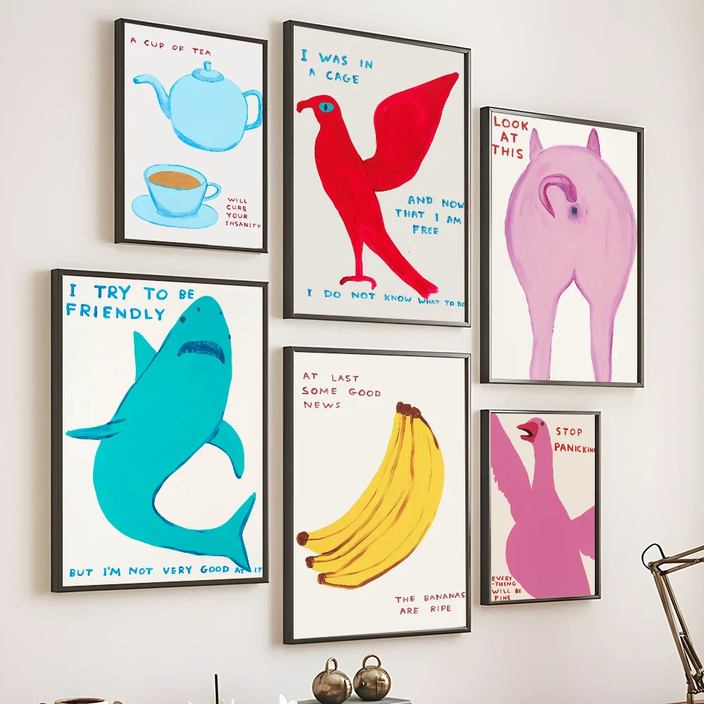 Quirky shark and banana illustration print for modern wall art