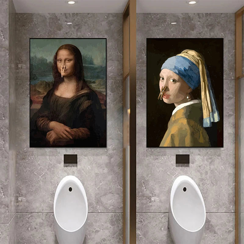 Quirky Mona Lisa toilet decor canvas print for bathroom walls