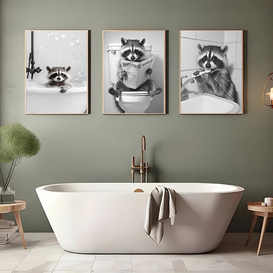 Set of 3 raccoon canvas wall art prints black and white animal theme decor