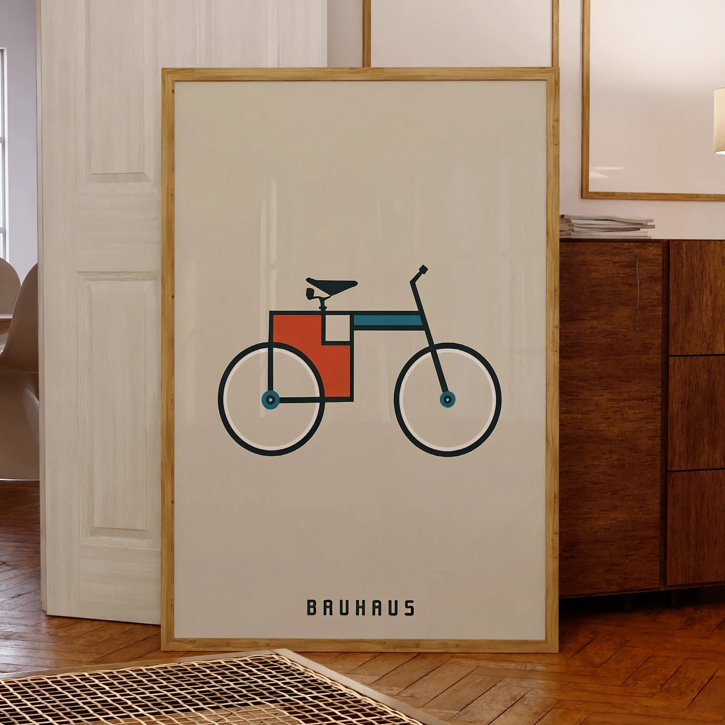 Retro Bauhaus bicycle wall art print with geometric shapes