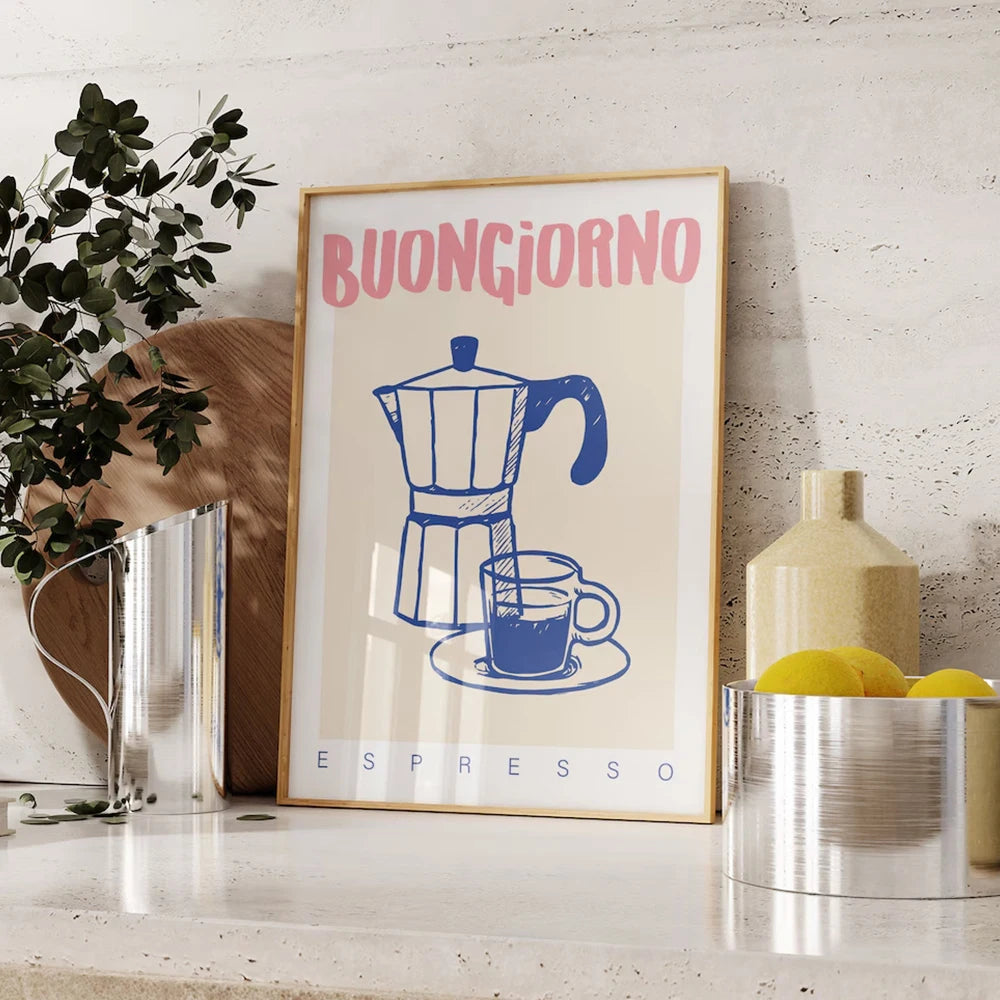 Modern retro coffee wall art print for kitchen decor