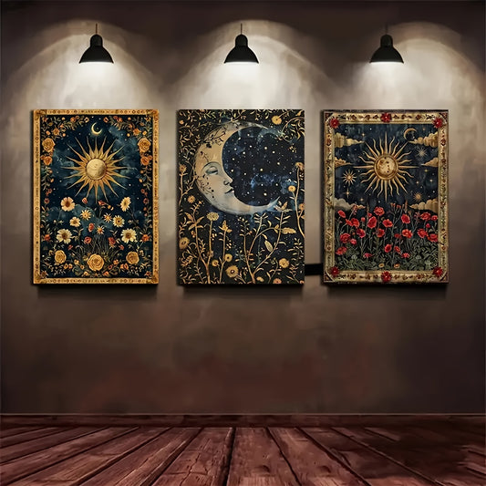 Retro crescent moon and sun canvas wall art set of 3