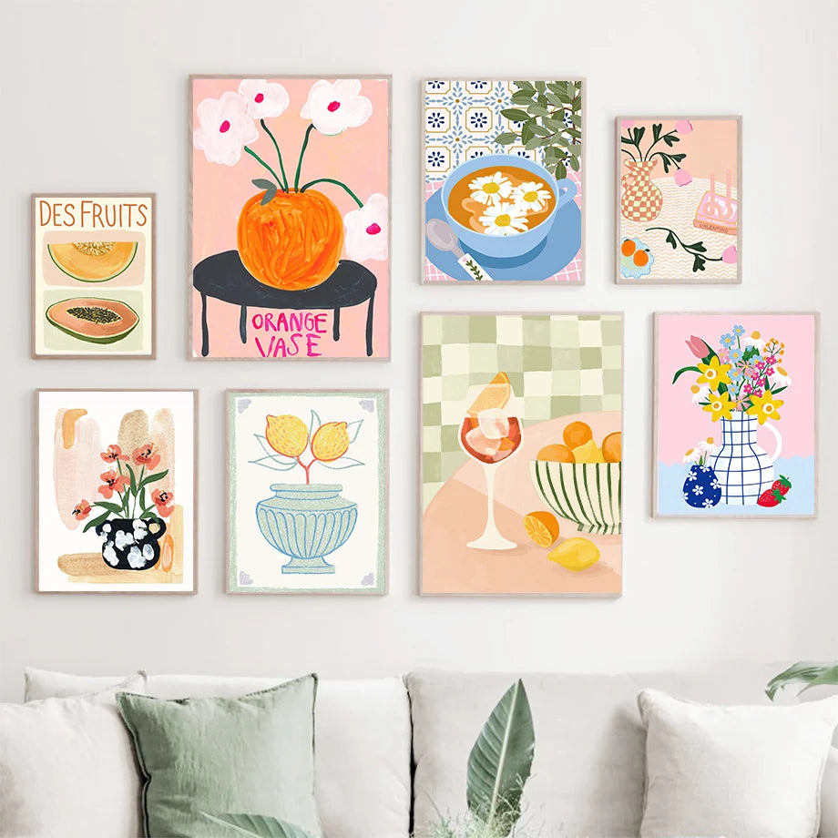 Retro colorful flower vase wall art print for living room decor