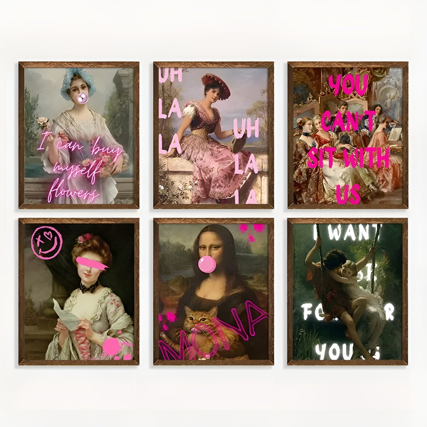 Retro Renaissance girl with pink bubble gum poster, vintage altered art print for aesthetic room decor.
