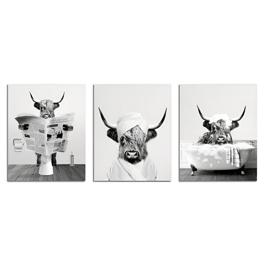 Rustic farmhouse Highland cow wall art set for living room in black and white canvas print