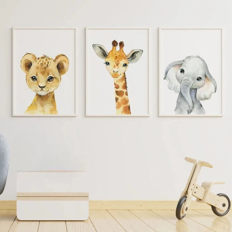 Set of 3 baby animal prints for jungle-themed nursery decoration