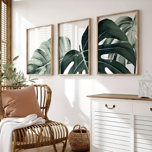 Set of 3 tropical botanical Monstera leaf canvas prints, ideal for adding nature vibes to your home decor.