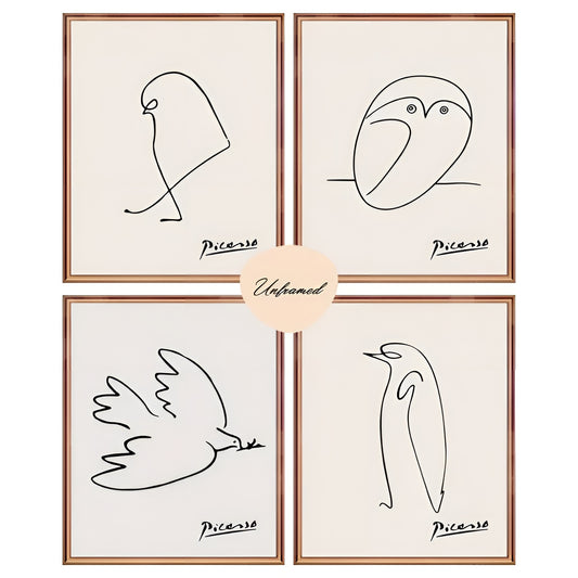 Set of 4 line art animal prints, Picasso-style owl and bird sketches, unframed wall posters