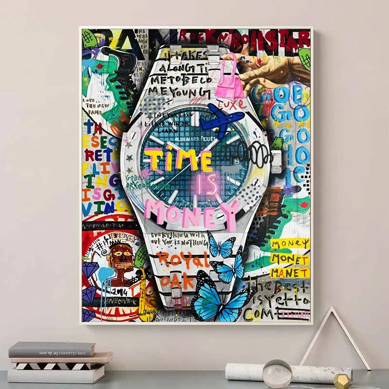 Graffiti-style time is money watch print for urban home interiors