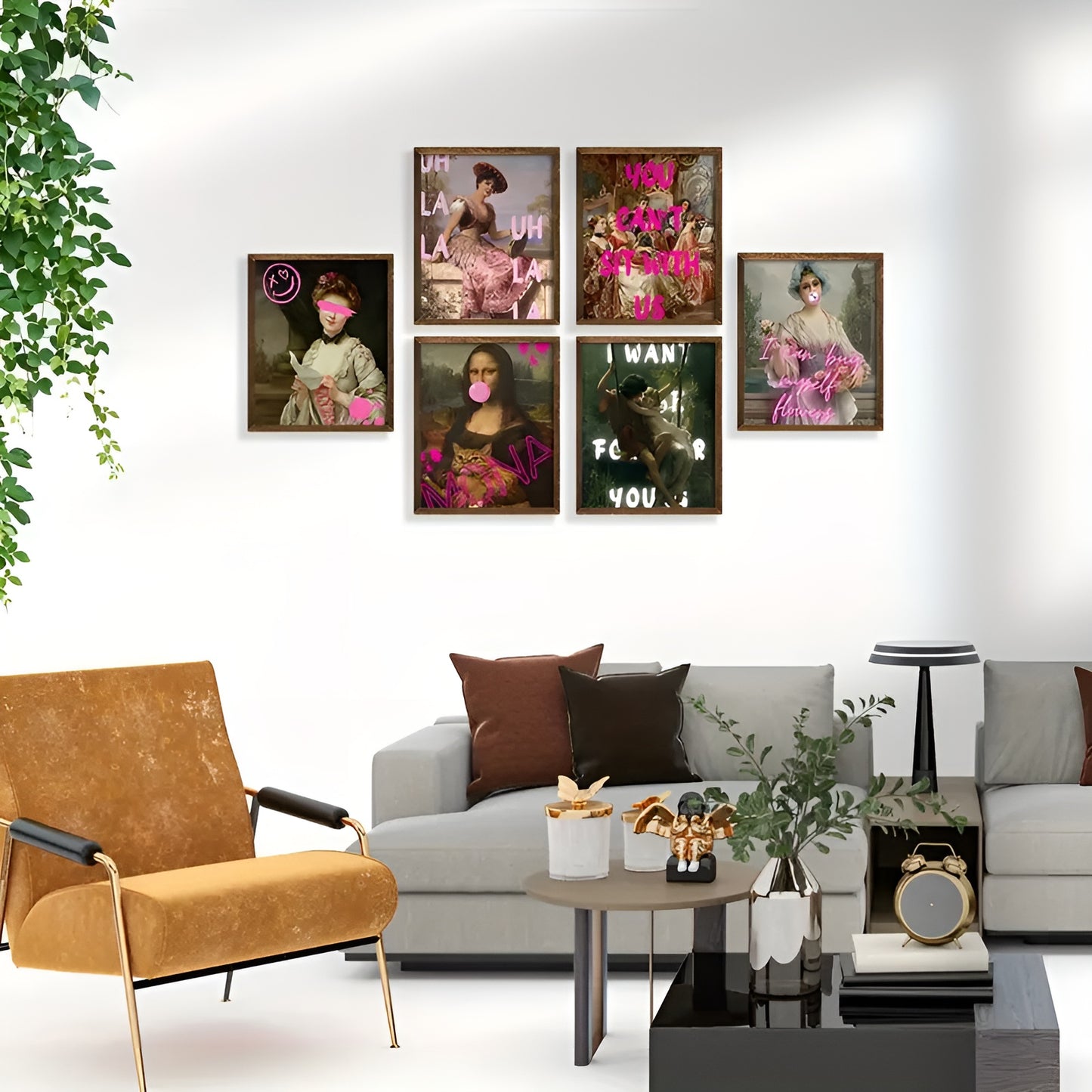 Stylish Renaissance art prints featuring pink bubble gum and inspirational quotes, frameless wall decor.