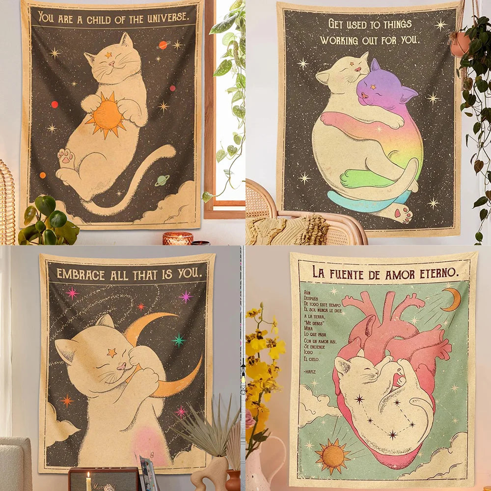 Sun and moon tarot cat tapestry wall hanging for bohemian bedroom decor