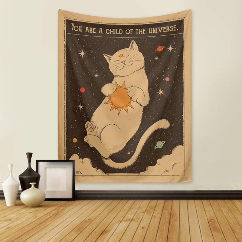 Tarot cat tapestry with moon phases and starry sky design