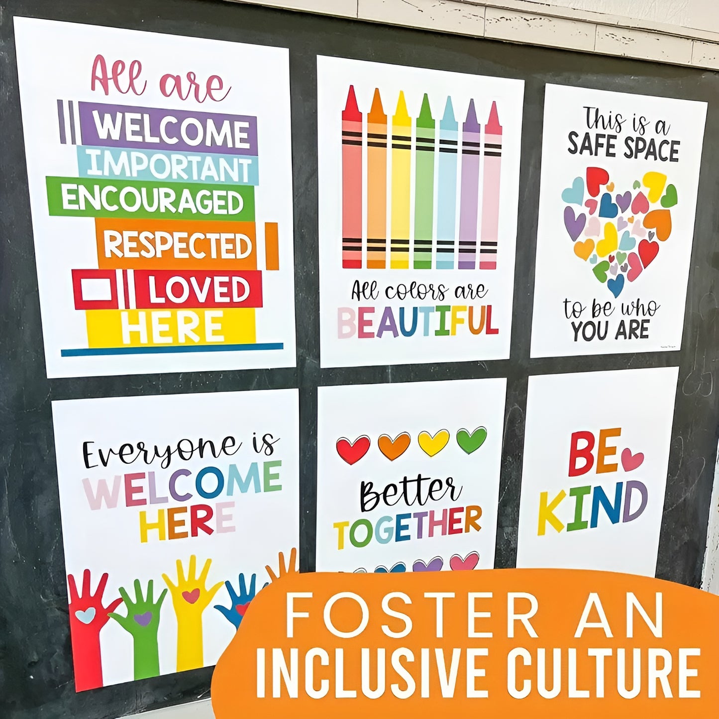 Set of 6 classroom posters promoting kindness, respect, and unity