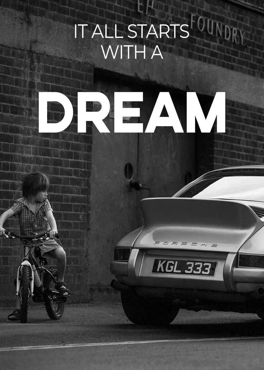 Black and white "It All Starts With a Dream" time management motivational art.