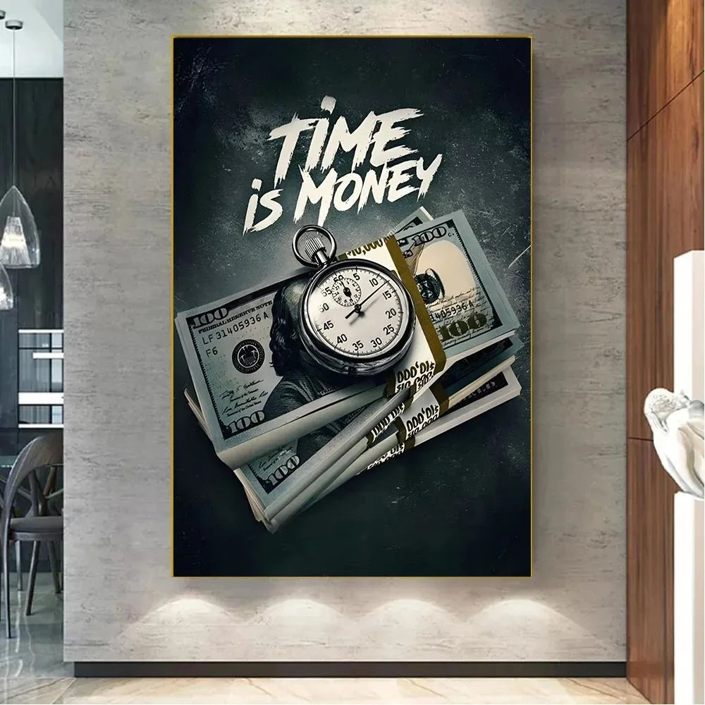 Inspirational "Time Is Money" canvas painting for living room and office space.