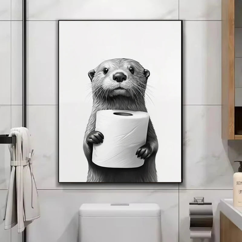 Whimsical animal toilet humor wall poster for restroom interiors