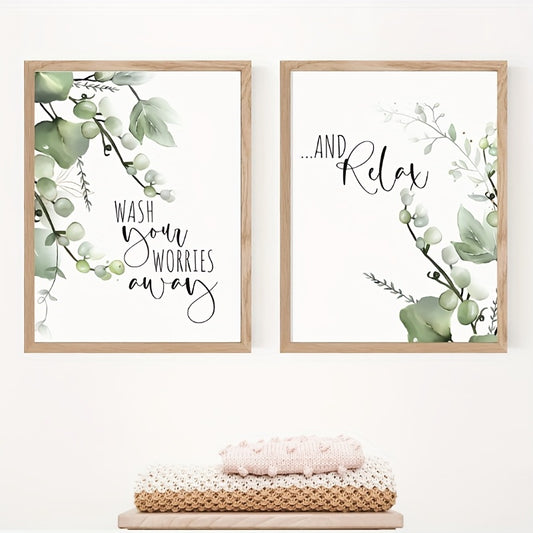 Tropical leaves canvas wall art set with relaxing quote for bathroom decor