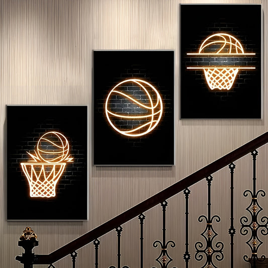 Unframed basketball wall art prints in neon lights for room decor
