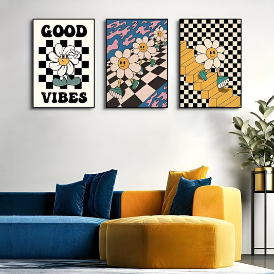 vibrant floral and face-inspired canvas wall art set for bohemian living room decor