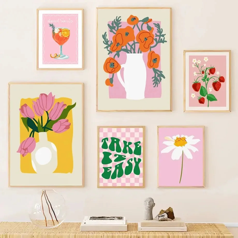 Vibrant fruit vase poster for living room decor featuring lemons and strawberries.