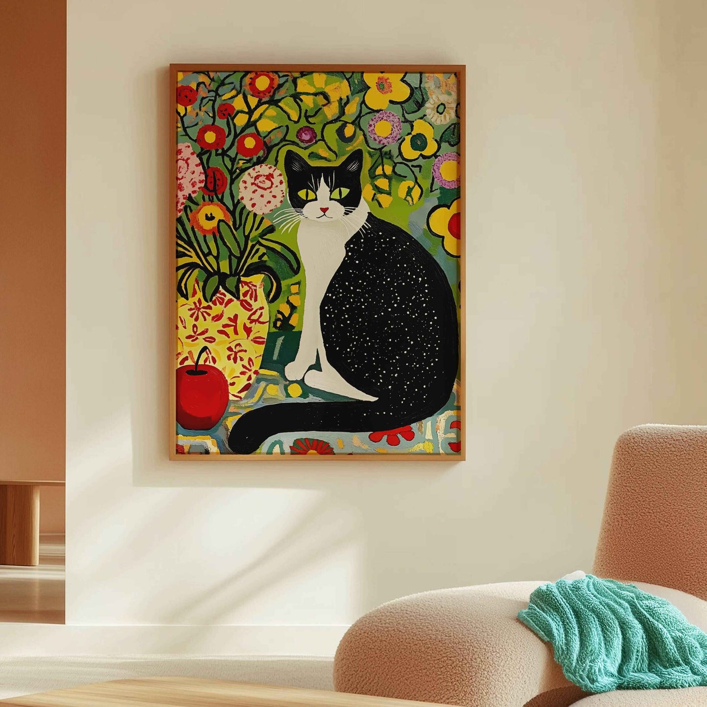 Vibrant Matisse-style cat print for artistic home interiors, abstract animal prints, and unique living room art.
