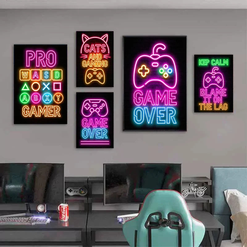 Vibrant neon gaming poster canvas print for office decor