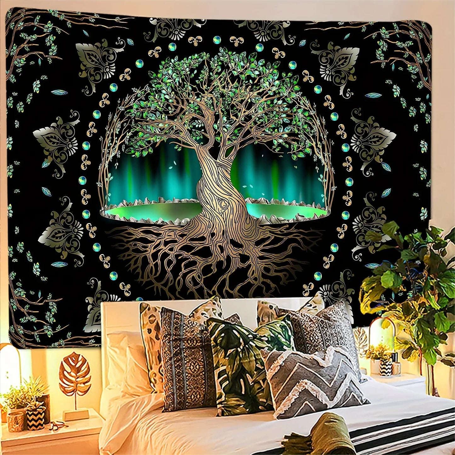 Tree of life wall hanging with cosmic design for boho home decor